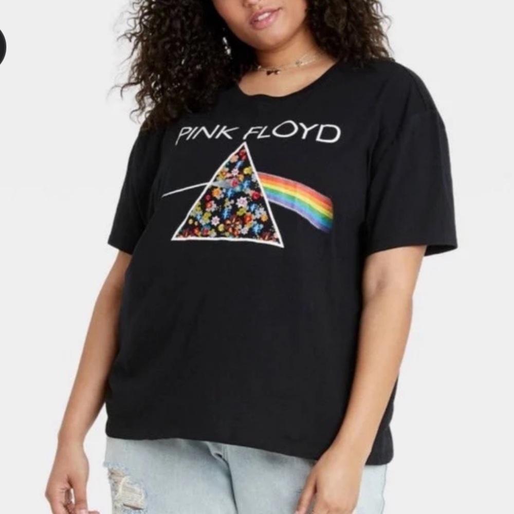 Pink Floyd Black Tee with Floral Prism and Rainbow Beam